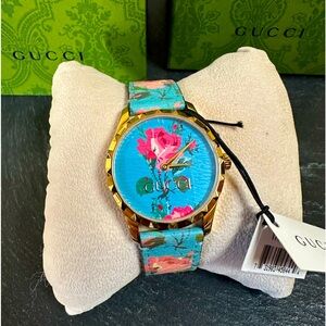 Gucci G-Timeless Aqua Floral Print Dial Ladies Leather Watch